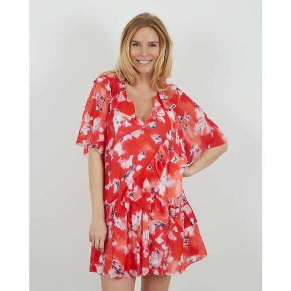 IRO Paris Arama Floral Ruffled Dress Mixed Red Womens Size 34 US 2 Silk Mini - Picture 1 of 12